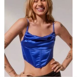 NEW Lexi Satin Cowl Corset Sleeveless Tank Top in Royal Blue Stone Size Large
